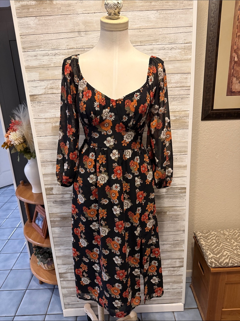 Black Floral Midi Dress with Puff Sleeves Thanksgiving fall colors Hollister